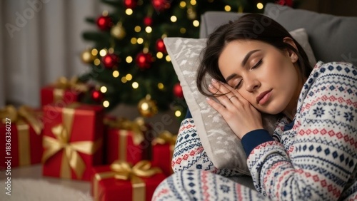 Woman sleeping near Christmas tree with wrapped gifts