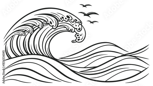 Classic Line Art of Powerful Ocean Waves and Soaring Seagulls