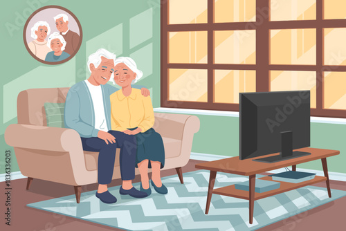 An endearing scene of an elderly couple sitting closely on a couch, sharing love and companionship while watching TV, reflecting warmth and togetherness.