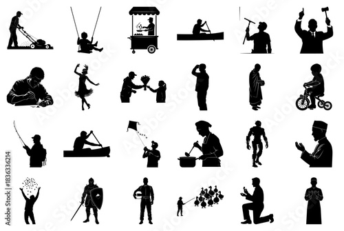 Diverse Silhouettes of People in Various Occupations and Leisure Activities