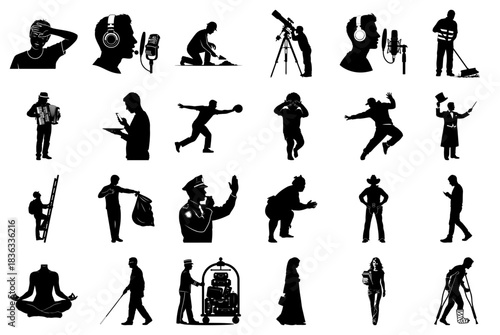 Grid of Silhouettes Depicting People in Diverse Occupations and Actions Keywords: silhouette