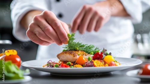 Chef's hands garnishing gourmet fish dish