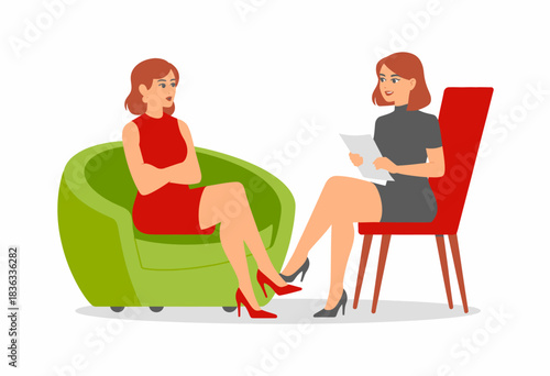 A therapist engages in a thoughtful conversation with a client in a modern setting, promoting mental health awareness, communication, and understanding in a comforting environment.