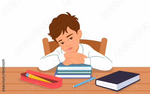 A young boy sits at a study desk, looking bored and tired as he rests his head on stacked books, representing the challenges of learning and the fatigue of homework.