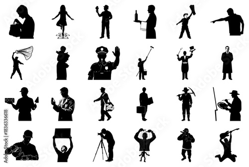 Silhouettes of People in Various Professions and Actions Keywords: silhouette, people, man