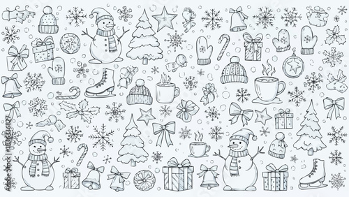 Hand drawn winter holiday doodle set with snowmen and Christmas trees.