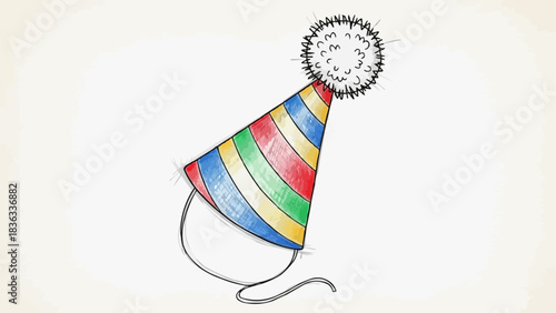 Colorful Striped Party Hat with Fluffy Pom-Pom Drawing.