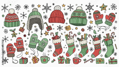 Festive Winter Holiday Collection of Hats Mittens and Stockings.
