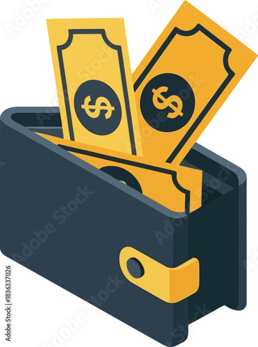 An open dark grey wallet overflowing with golden dollar banknotes.