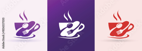 Tea cup with spoon fork cafe beverage logo hot drink barista brand icon
