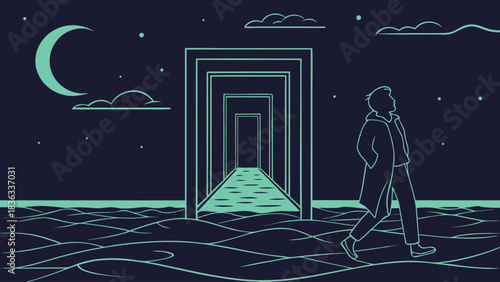 Minimalist Cyberpunk Illustration of a Man Walking Under a Crescent Moon