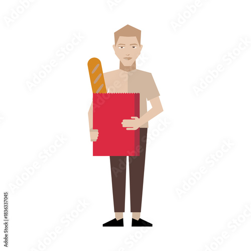 A young man stands holding a red takeaway bag and a baguette, symbolizing the joy of fresh food and convenience in modern dining experiences.