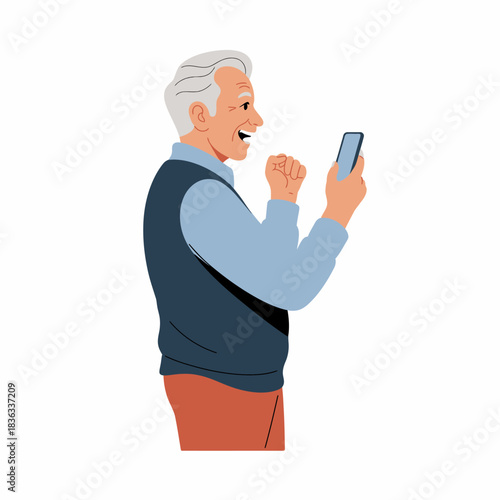 This image showcases a joyful elderly man happily using his smartphone, representing the connection between technology and the happiness found in maintaining relationships and learning.