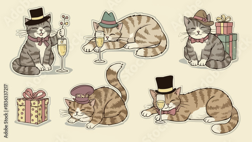 Charming Feline Celebration - Cats in Hats with Gifts and Champagne.