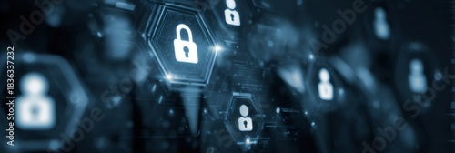 Cybersecurity system protecting user data with digital padlock and user icons