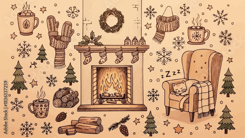 Hand Drawn Collection of Cozy Winter Holiday Elements.