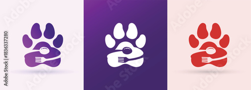Paw print with spoon fork pet food veterinary clinic animal care friendly brand icon

