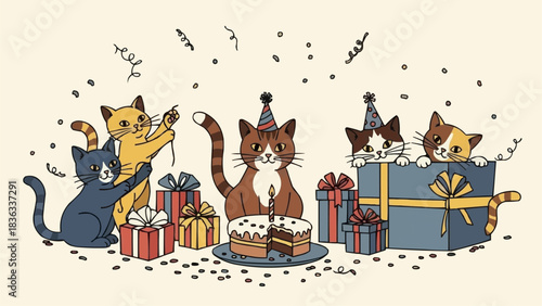 Group of cute cartoon cats celebrating a festive birthday party together.