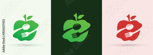Apple with spoon fork healthy food nutrition organic fruit diet restaurant clean brand icon
