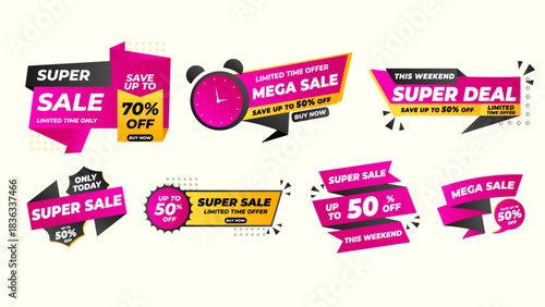 Colorful offer price tag set with graphic element for retail promotion, marketing banners, website header and merchandise advertising.