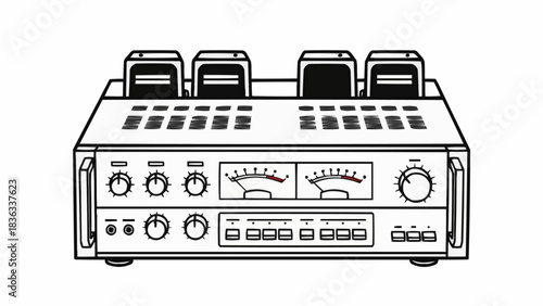 Monochrome Line Art of a Vintage High-Fidelity Tube Amplifier.