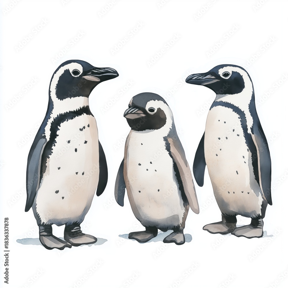 Naklejka premium Boulders Beach Penguins. Boulders Beach Penguins hand drawn watercolor illustration on white background