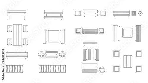 Conceptual collection of architectural furniture elements for modern indoor and outdoor layout planning in top view