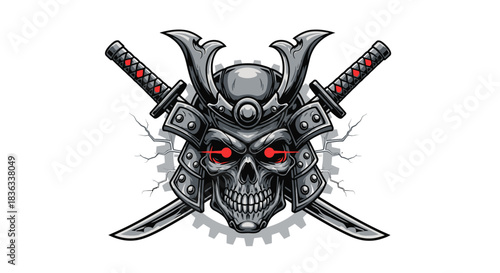 Samurai skull with crossed katanas and glowing red eyes
