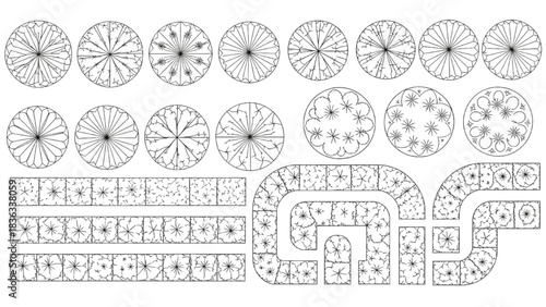 Collection of top-down landscape design elements vector trees shrubs and plant beds for cad tree line drawing architectural planning