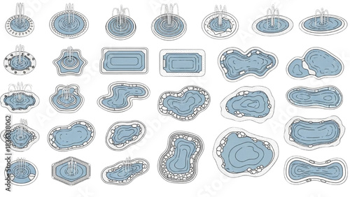 Assorted Pond Designs Vector Illustration Set for Landscape Design