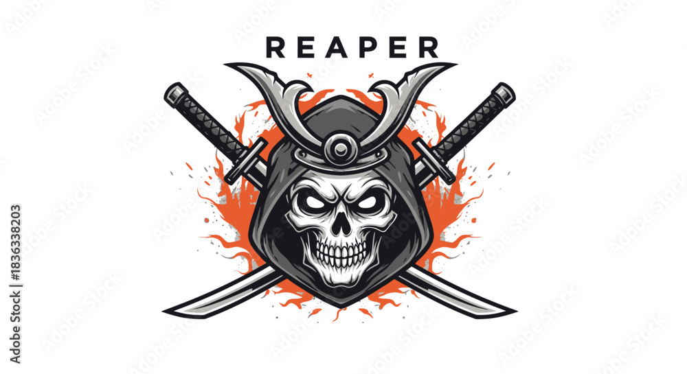 Fototapeta premium Skull wearing samurai helmet with crossed katana swords and fire