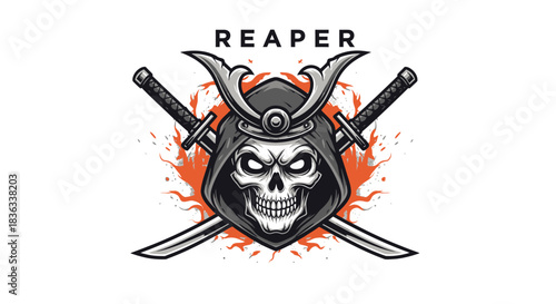 Skull wearing samurai helmet with crossed katana swords and fire