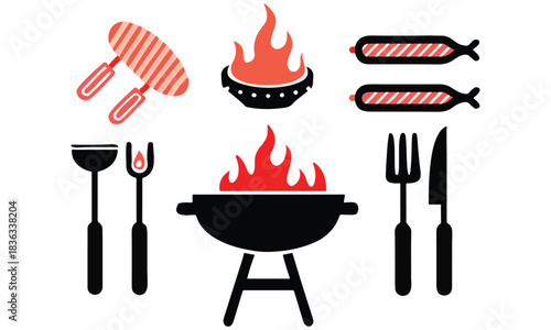 BBQ Grill Icons – Barbecue Tools, Fire, Steak & Outdoor Cooking Design