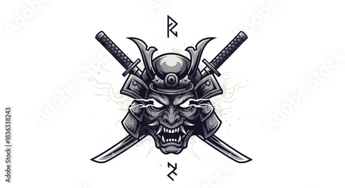Fierce samurai mask with crossed katanas showcasing Japanese warrior spirit