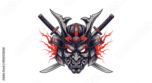 Fiery samurai mask with crossed katanas against a white background