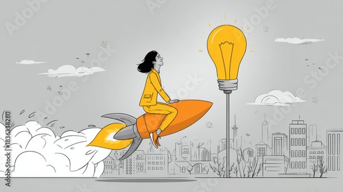Confident Hipster Girl Rides a Yellow Rocket Powered by a Light Bulb, Chasing Her Dreams in 2026 in a Cityscape