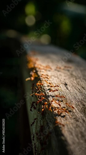 Ants marching on a wooden surface in sunlight