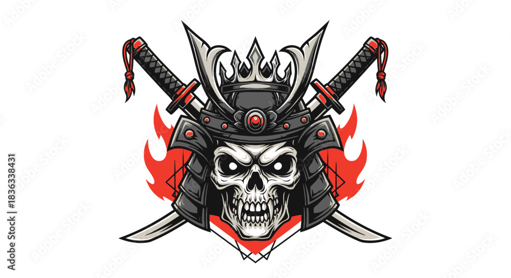 Fototapeta premium Fierce samurai skull with burning red flame background and crossed katanas