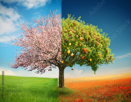 Dual-Season Apple Tree Showcasing Spring Bloom and Ripened Autumn Fruit