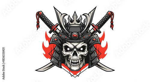 Fierce samurai skull with burning red flame background and crossed katanas