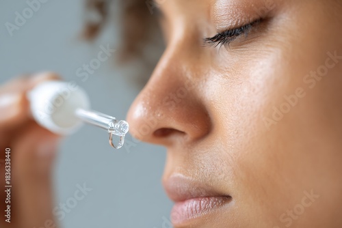 Close-up of a woman applying serum with a dropper to her nose for skincare routine.