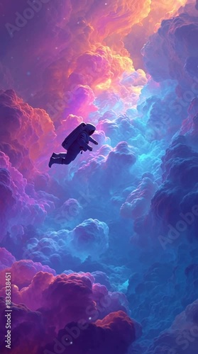 Astronaut floating amongst abstract swirling clouds