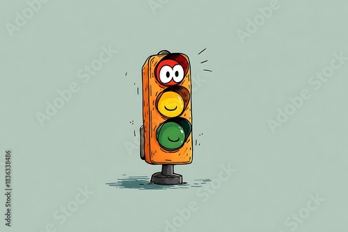 Cartoon traffic light with playful facial expressions, set against a minimalist background, creating a whimsical and lighthearted illustration.