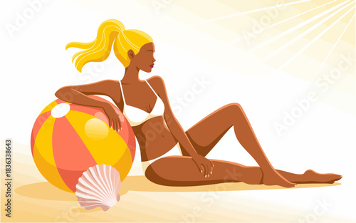 A stylish woman in a bikini relaxes beside a vibrant beach ball, capturing the essence of summer vibes and carefree beach days under the warm sun. Perfect for summer-themed projects.