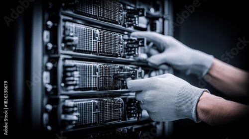 Technician with gloved hands installing server components into a rack