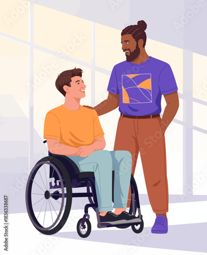This image portrays two friends, one in a wheelchair, sharing a happy moment with a supportive attitude, showcasing inclusivity and friendship in a bright, open space.