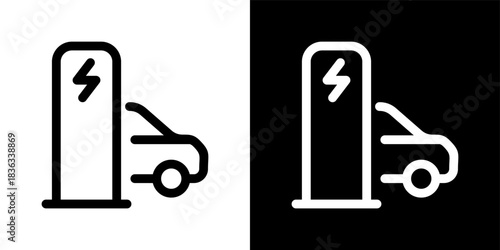 Charging Station Icon Set in Outline Black and White Style Vector Illustration
