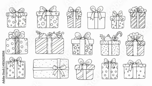 Hand drawn sketch collection of various gift boxes with bows.