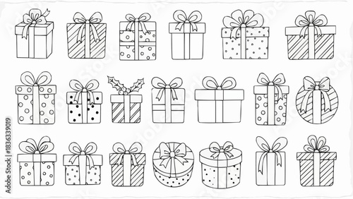 Collection of Hand-Drawn Gift Boxes with Ribbons and Patterns.