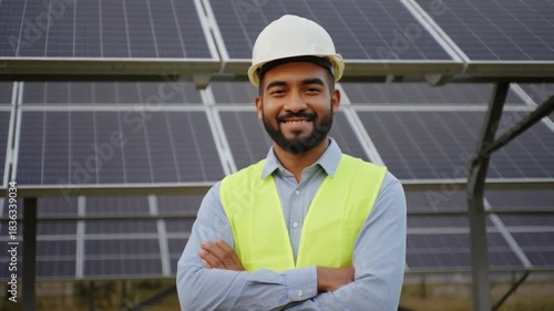 Engineer with a smile stands in front of solar panels
